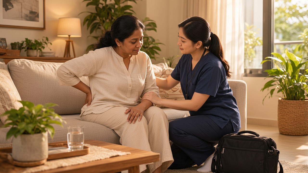 Home-visit doctor in navy scrubs assessing a patient with back pain in a Singapore home.