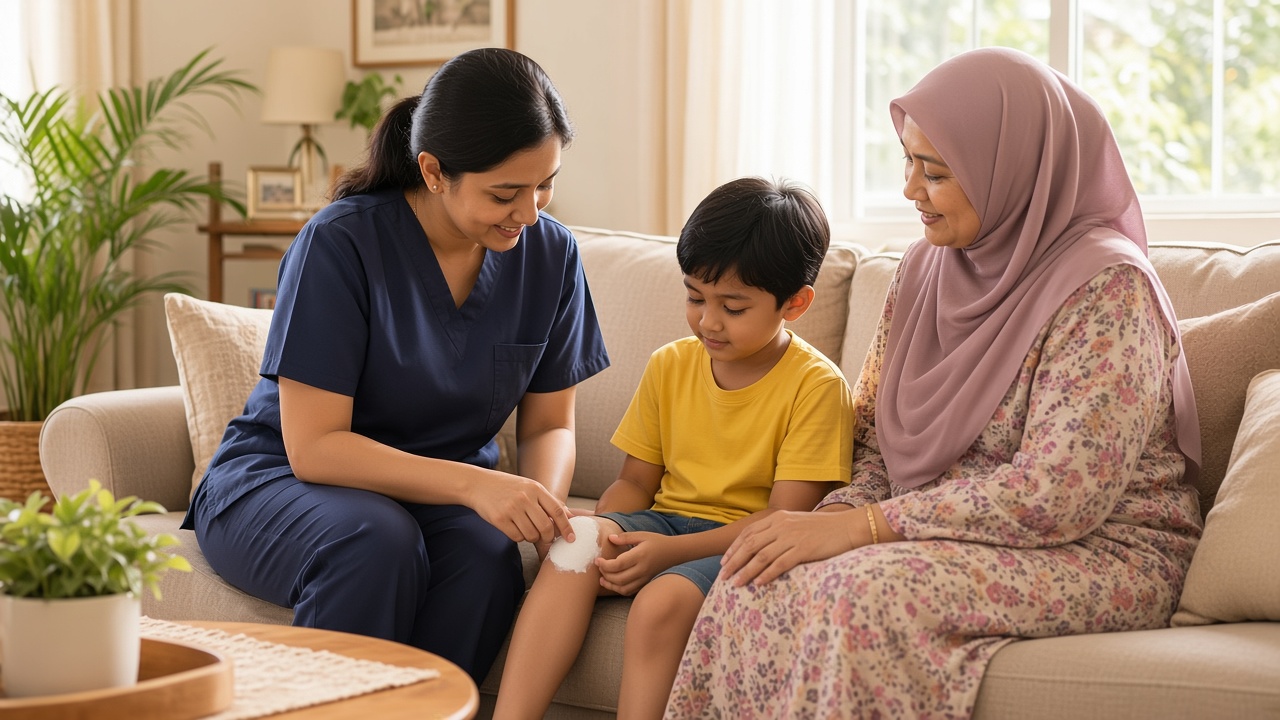 Home-visit doctor in navy scrubs checking a plaster on a child's knee, with the child's mother beside them in a Singapore home.