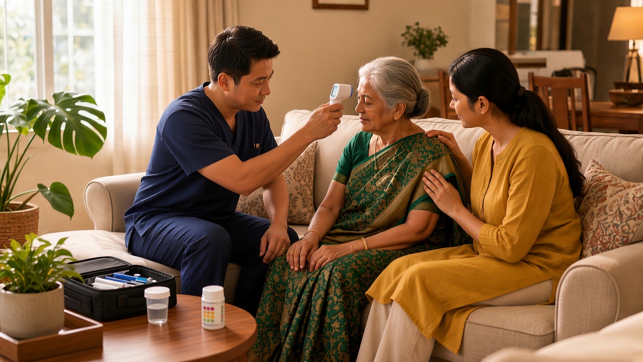 Home-visit doctor in navy scrubs taking an elderly woman's temperature at her forehead, with her daughter beside her.
