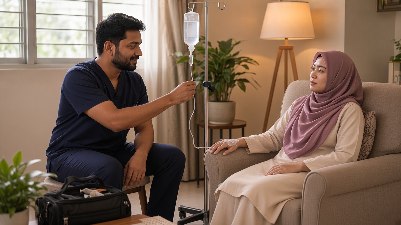 Home-visit doctor in navy scrubs adjusting an IV drip for a woman recovering from food poisoning at home.
