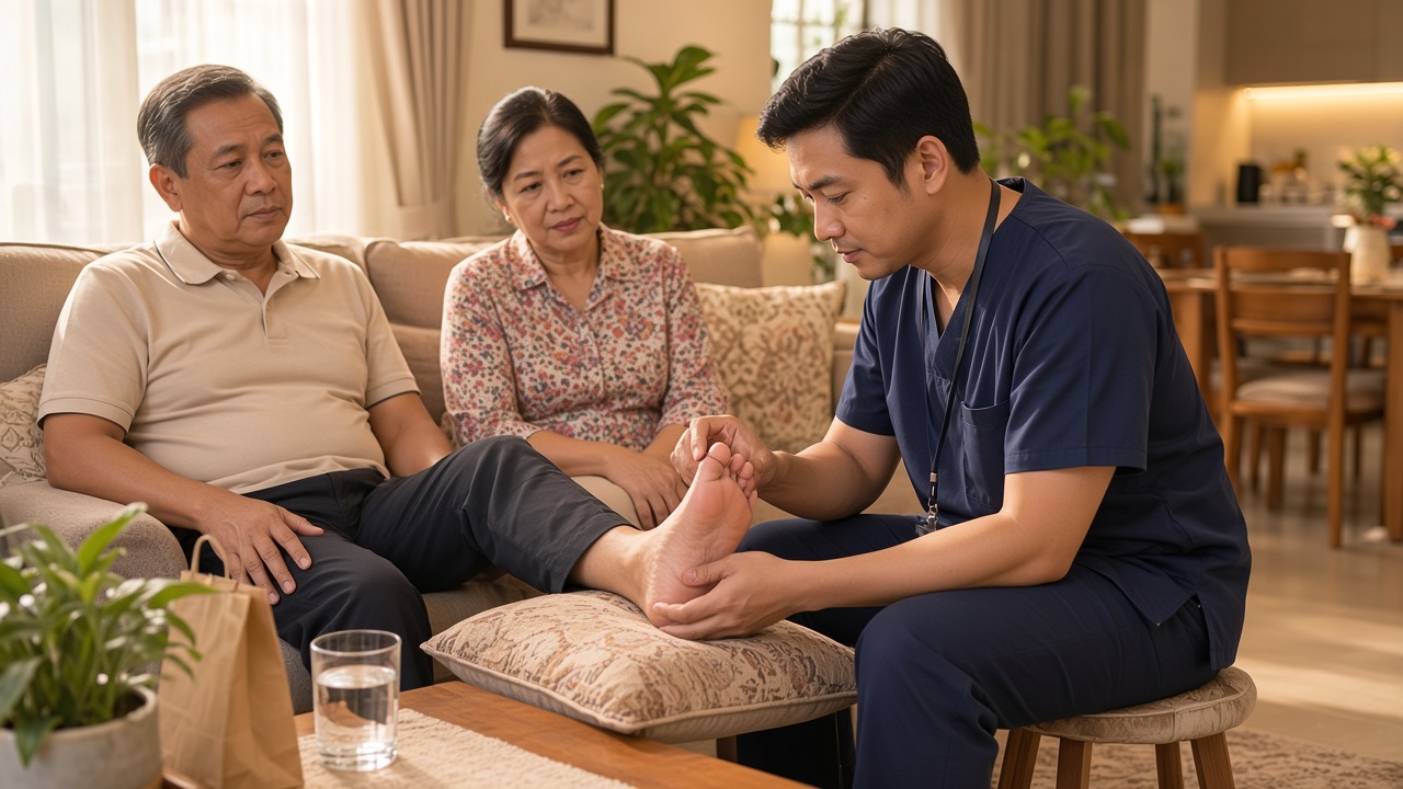 Home-visit doctor in navy scrubs examining a patient's foot resting on a cushion, with the patient's partner nearby.