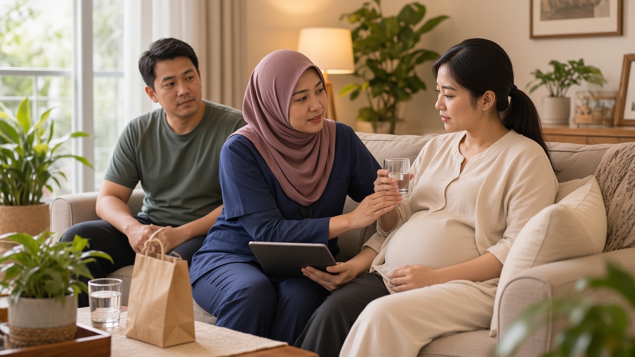 Home-visit doctor in navy scrubs speaking with a pregnant woman, her husband nearby.