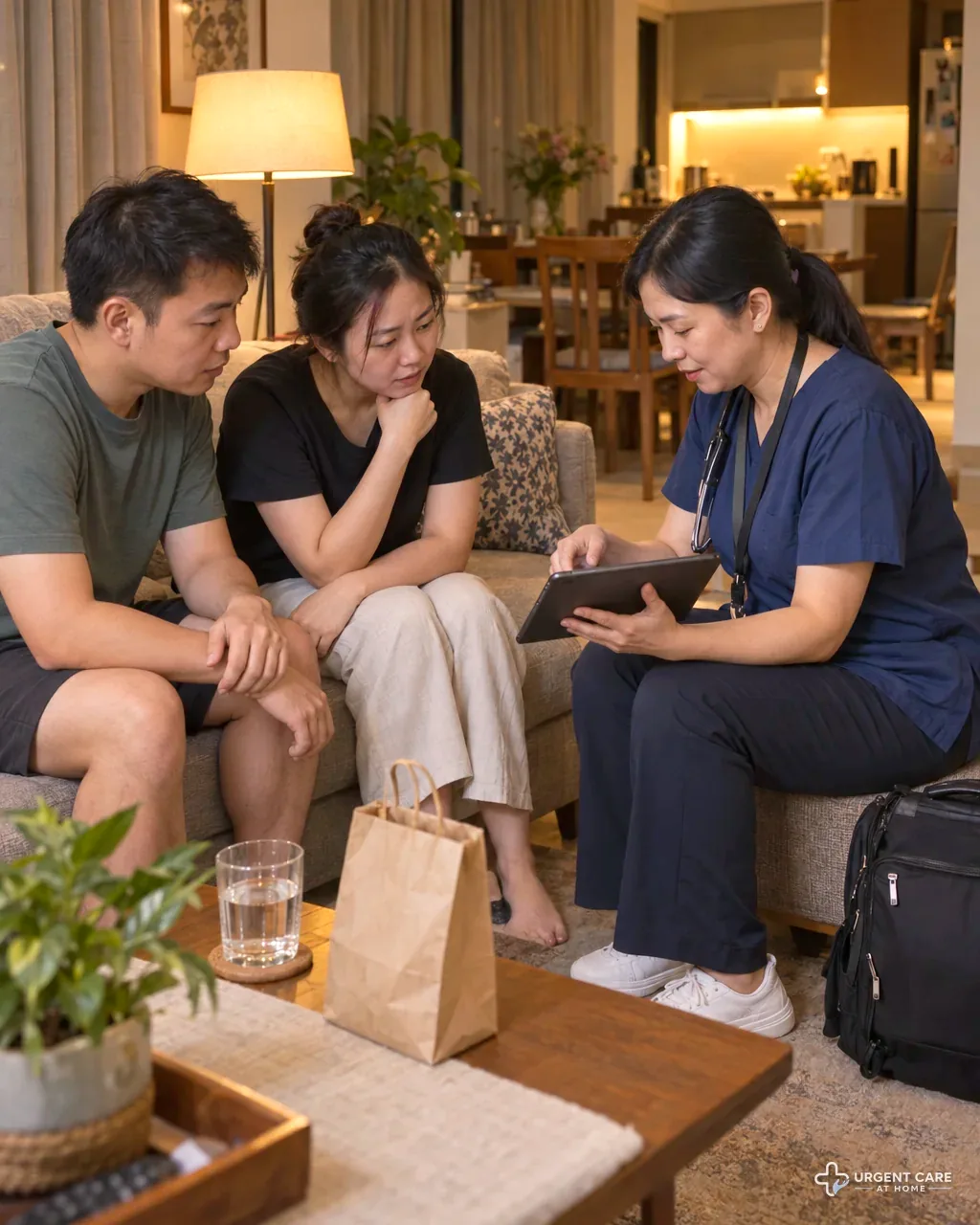 A doctor sits across a coffee table from a couple in their living room in the evening, showing them something on a tablet