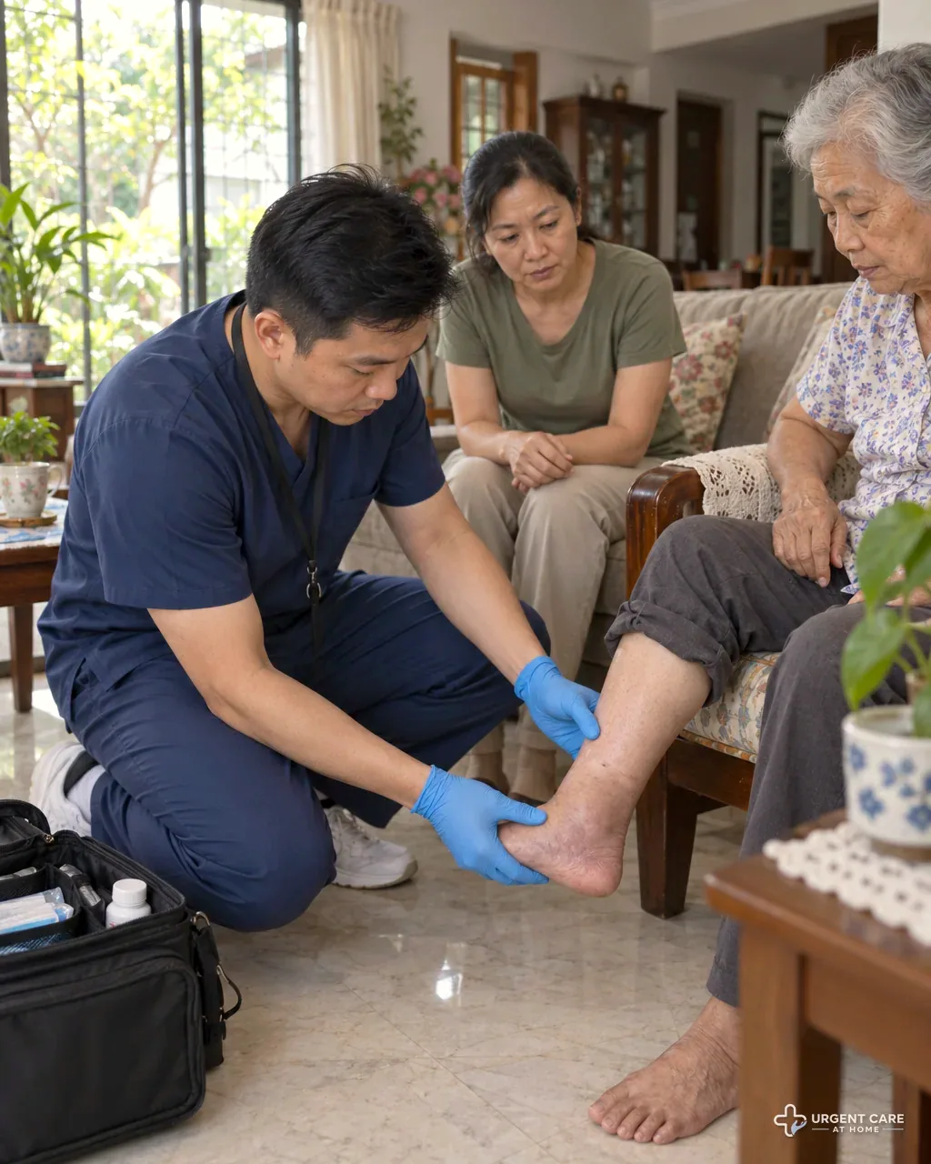 A doctor kneels on the floor to examine an elderly woman's swollen ankle while her daughter watches from the sofa