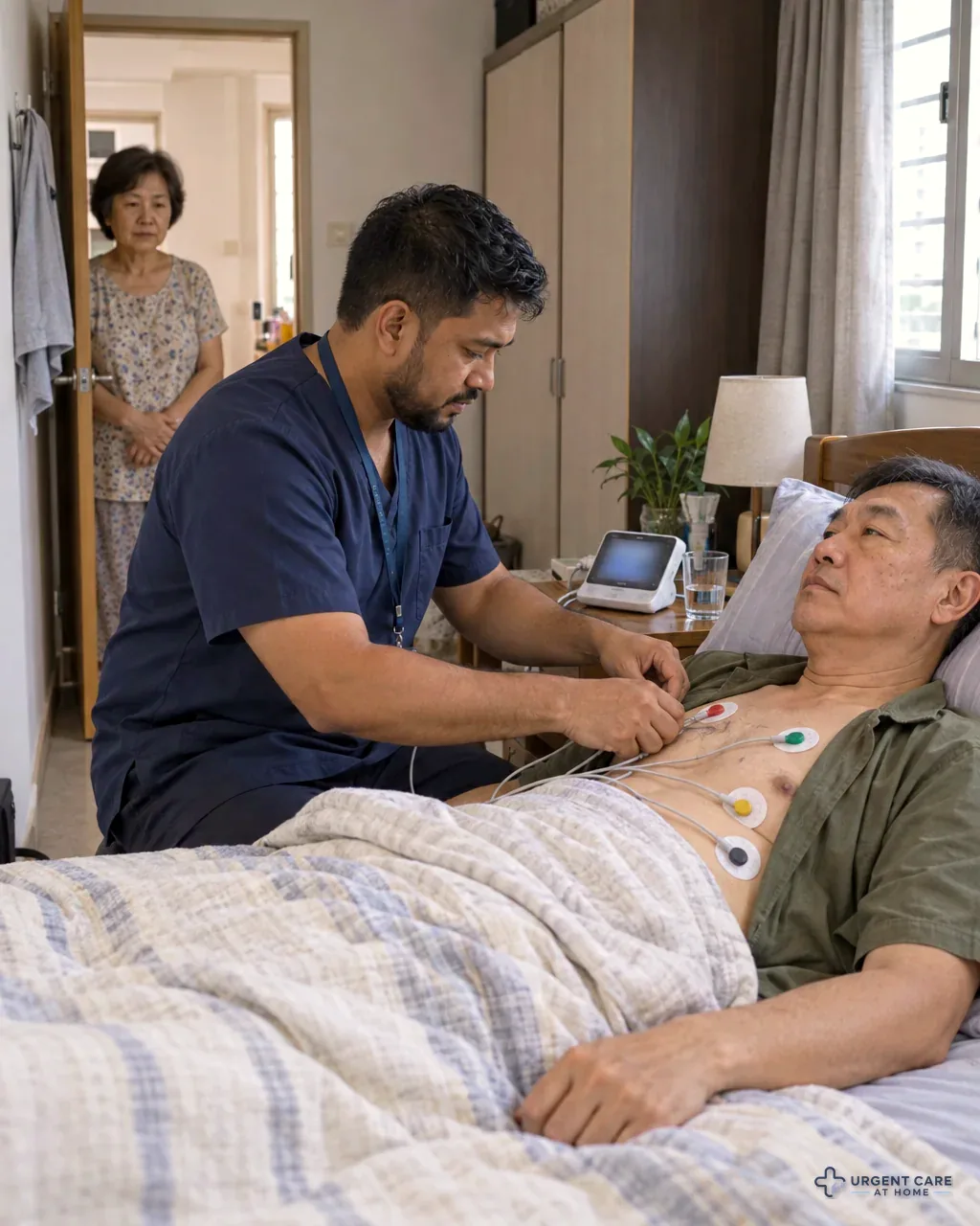 A doctor attaches the leads of a portable ECG to a man lying on his bed at home while the man's wife watches from the bedroom doorway.