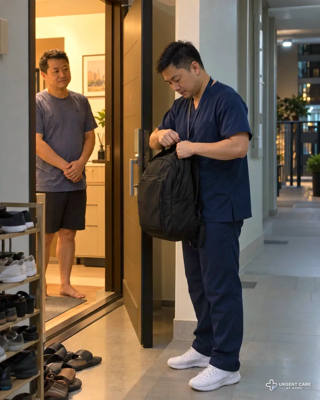 A doctor zips up his medical backpack at the open door of a condominium unit while the patient's father nods his thanks from the doorway